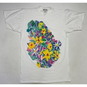 VINTAGE Flower Art T-shirt Men Large White USA 90s Single Stitch